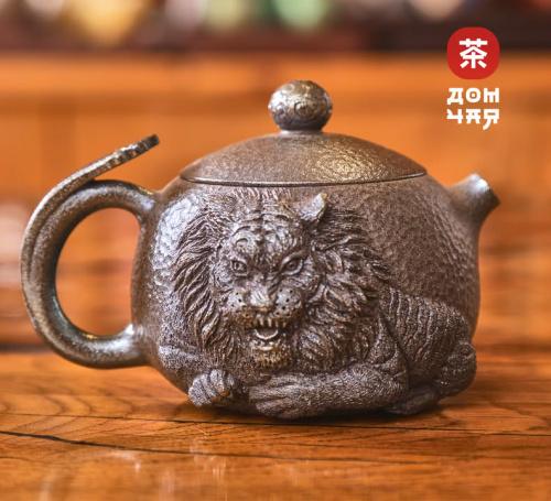 Чайник 185мл "Король Лев", цзяньшуйская керамика, 3D резьба, дровяной обжиг
