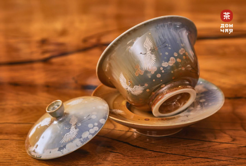 Гайвань Цзиньдэчжэнь "Журавли", Ручная Роспись Серебром,180 мл.